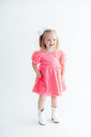 Neon Pink Puff Sleeve Sequin Dress