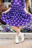 TCU Purple Frog 3/4 Sleeve Pocket Twirl Dress