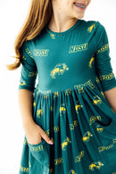 North Dakota State University Green Bison 3/4 Sleeve Pocket Twirl Dress