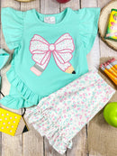 Mint Floral Bow Pencil Ruffle Shorts Set | Girls Back to School Outfit