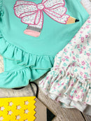 Mint Floral Bow Pencil Ruffle Shorts Set | Girls Back to School Outfit