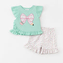 Mint Floral Bow Pencil Ruffle Shorts Set | Girls Back to School Outfit