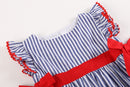 Navy Blue Stripe and Red Ruffle Bow Dress