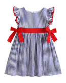Navy Blue Stripe and Red Ruffle Bow Dress
