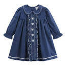 Navy Corduroy Ruffle Dress with Silver Bows