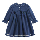 Navy Corduroy Ruffle Dress with Silver Bows