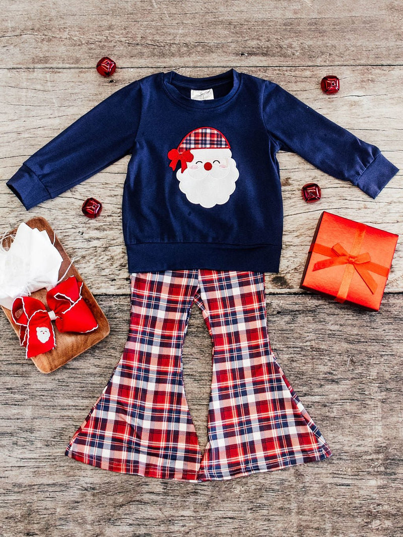 Navy Plaid Santa Girls Bell Bottom Set