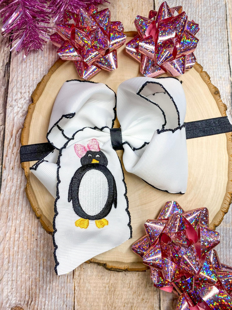 Penguin Embroidered with Black Moonstitch Hair Bow Headband