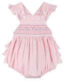 Pink and White bows Smocked Ruffle Bubble Romper