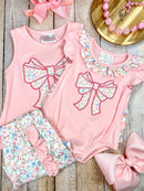 Pink Floral Bow Applique Shorts Set | Girls Ruffle Summer Outfit