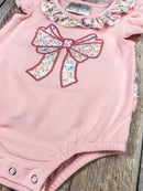 Pink Floral Bow Bubble Romper | Baby Girls Appliqué Outfit