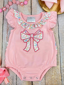 Pink Floral Bow Bubble Romper | Baby Girls Appliqué Outfit