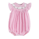 Pink Seersucker Running Bunnies Smocked Flutter Bubble Romper
