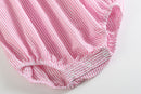 Pink Seersucker Running Bunnies Smocked Flutter Bubble Romper