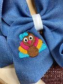 Pink Turkey Embroidery on Denim Bow Headband