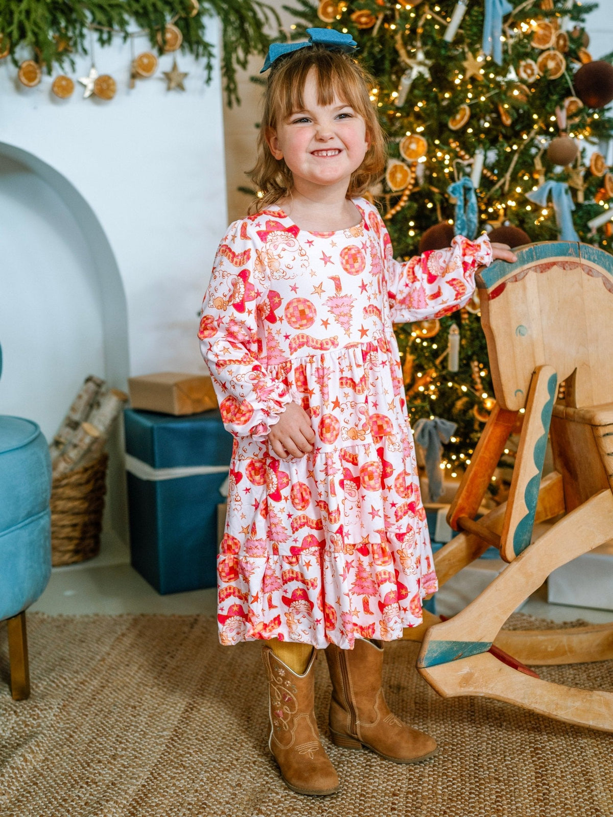 Pink Western Santa Holiday Twirl Dress Pink Western Santa Holiday Twirl Dress