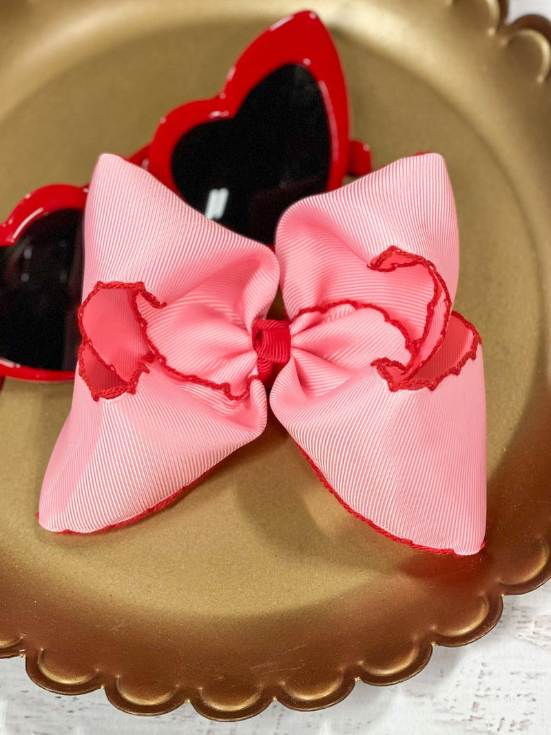 Pink with Red Moonstitch Hair Bow