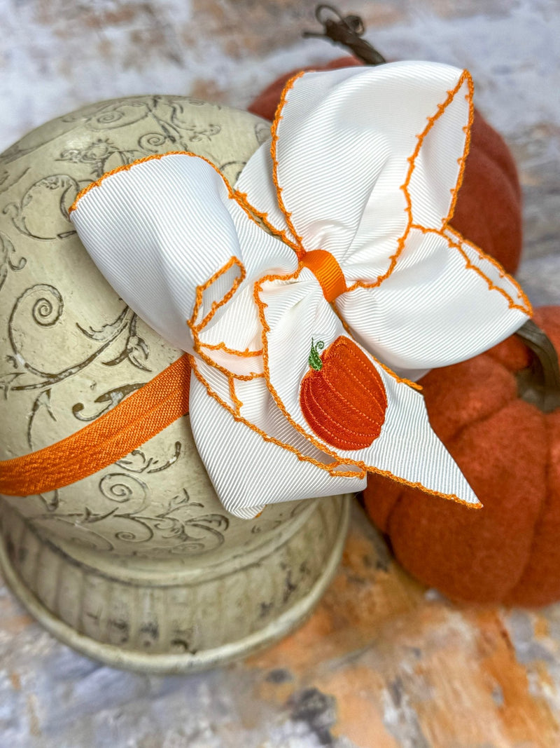 Pumpkin Embroidered Moonstitch Bow Headband