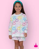 Azarhia Bright Smiley Faces White Oversized Sweatshirt | Girls Designer Pullover | Bossier City, LA