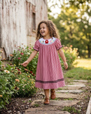 Red Gingham Barn Animals Smocked Bishop Dress