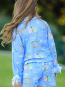 Blue Christmas Nativity Pattern Girls Pajamas Set