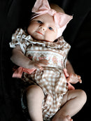 Christmas Vintage-Style Plaid Embroidered Gingerbread and Bows Girls Romper