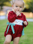 Christmas Embroidered Baby Girls Romper with Green Plaid Bow