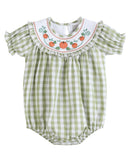 Sage Green Gingham Pumpkin Smocked Bubble Romper