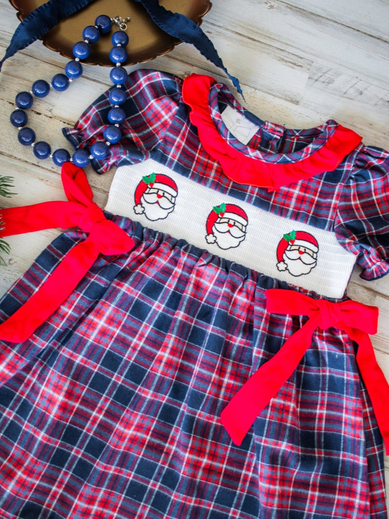 Santa Smocked Girls Plaid Dress