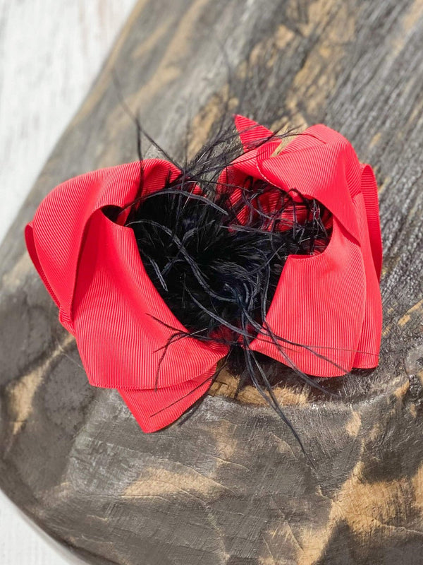 Texas Size Red & Black Feather Puff Hair Bow