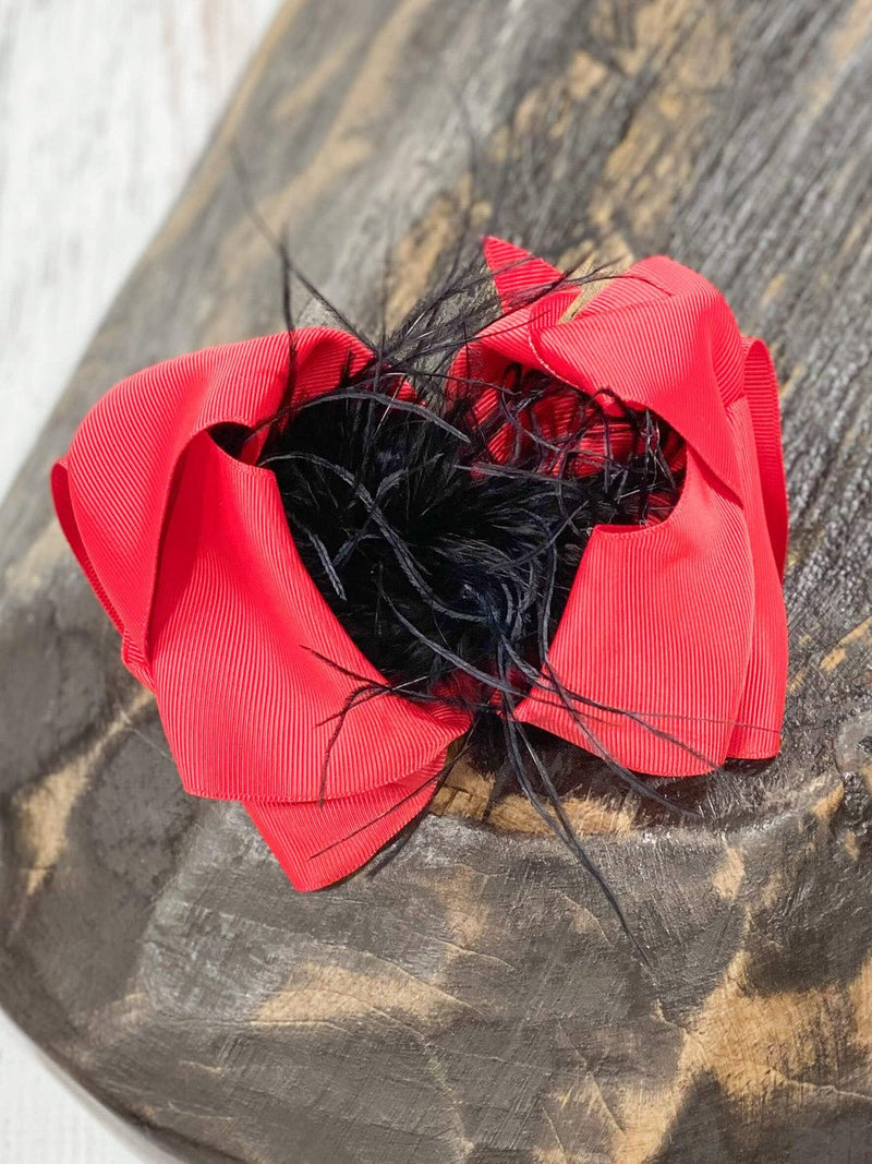 Texas Size Red & Black Feather Puff Hair Bow