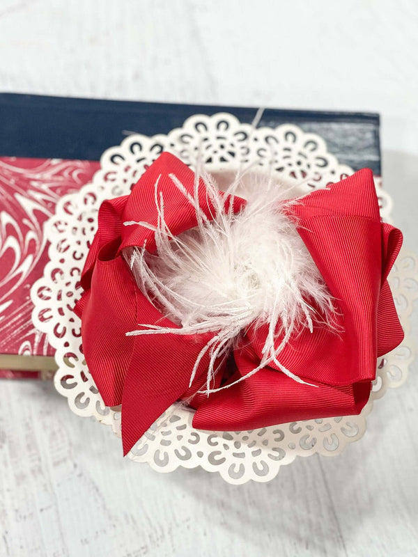 Texas Size Red & White Feather Puff Hair Bow