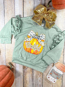 Thankful Pumpkin Green Long Sleeve Thanksgiving Girls Shirt
