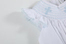 White and Blue Holy Smocked Bishop Dress