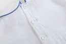White Collared Top and Blue Button Shorts