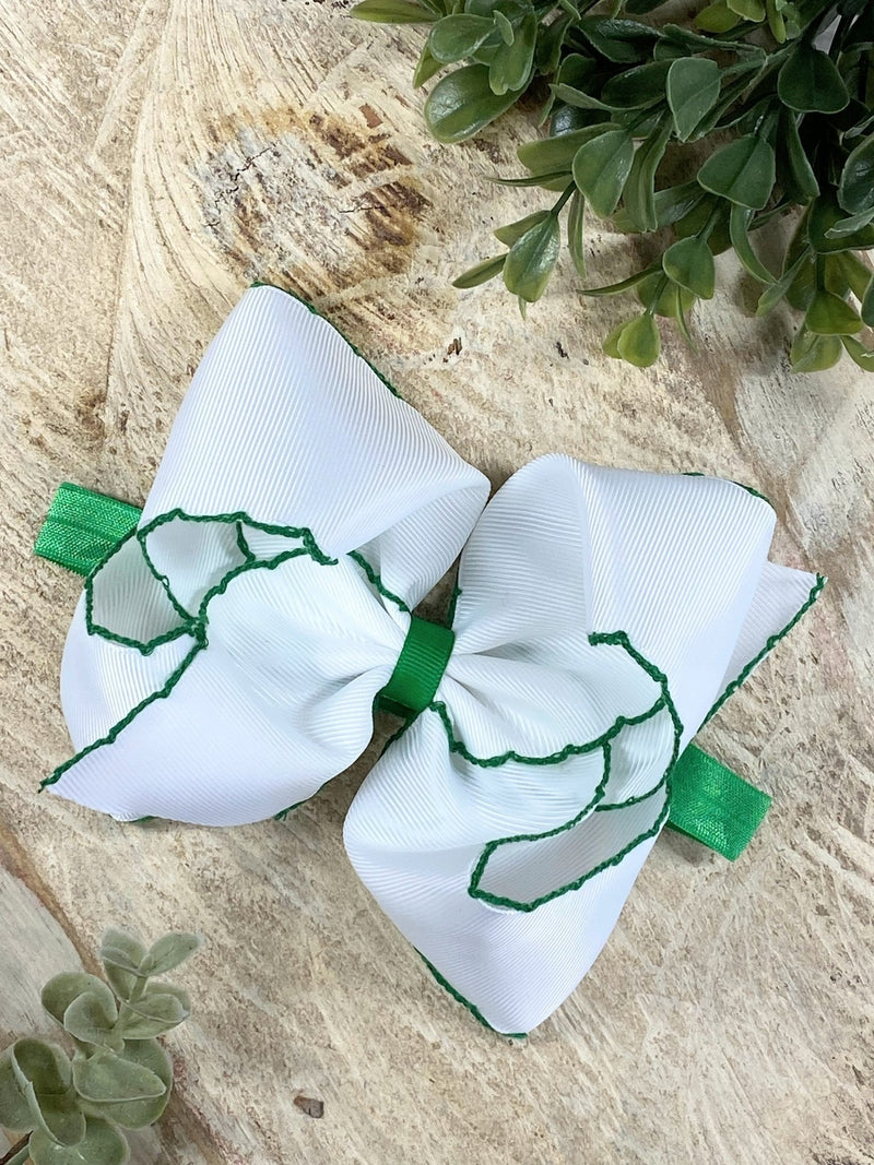White with Green Moonstitch Bow Headband