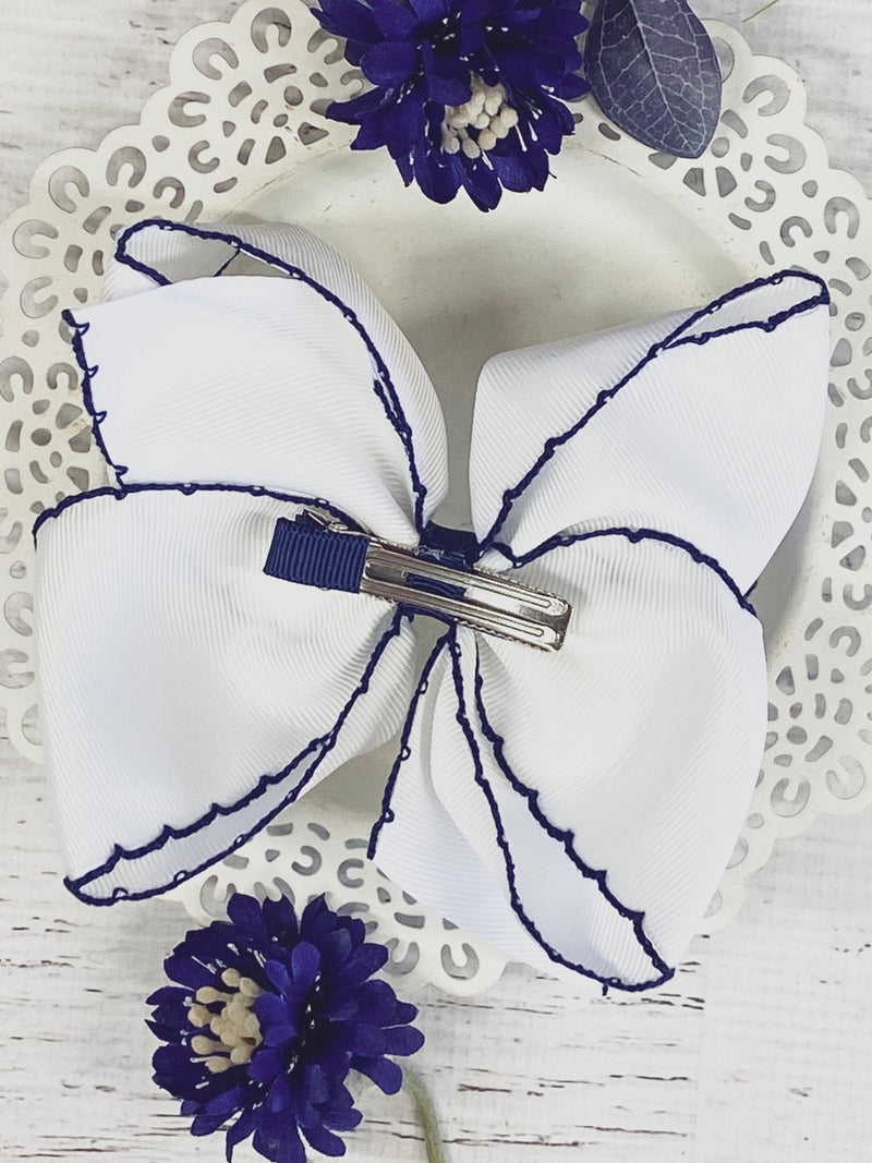 White with Navy Moonstitch Hair Bow