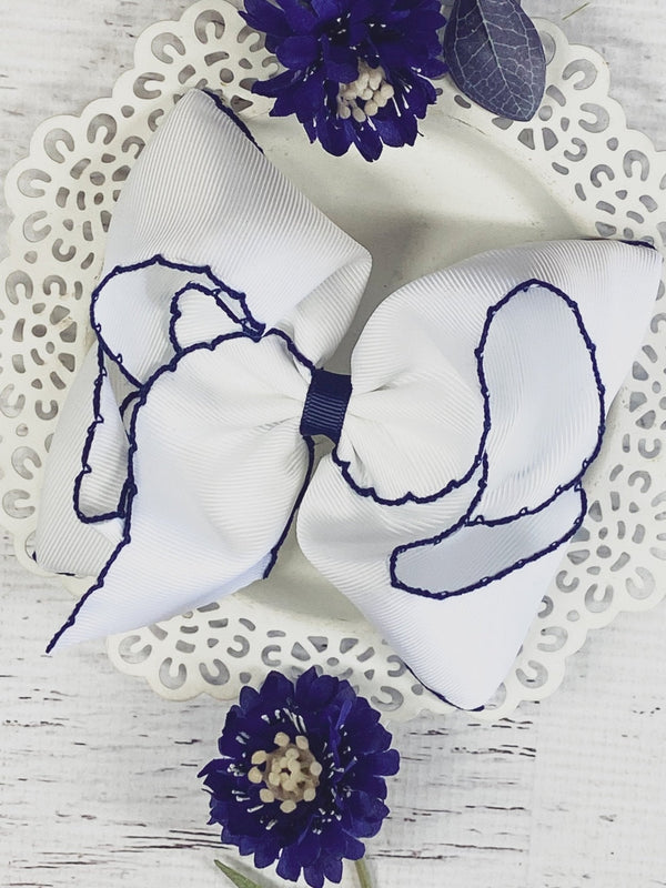 White with Navy Moonstitch Hair Bow