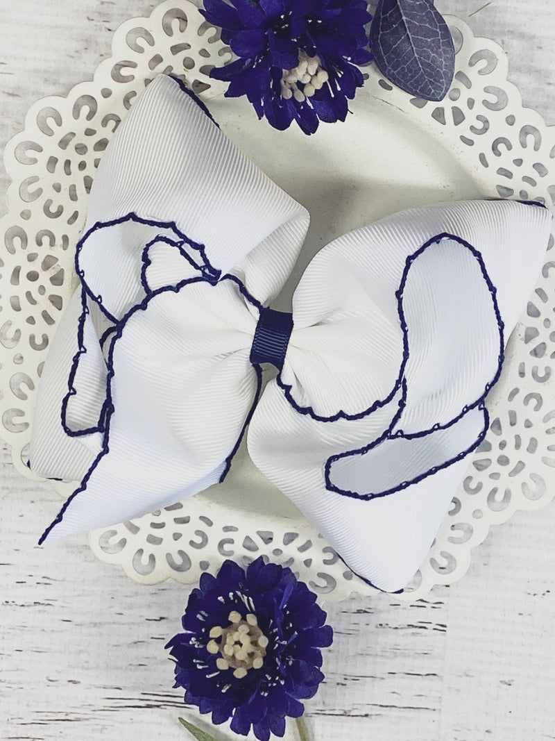 White with Navy Moonstitch Hair Bow