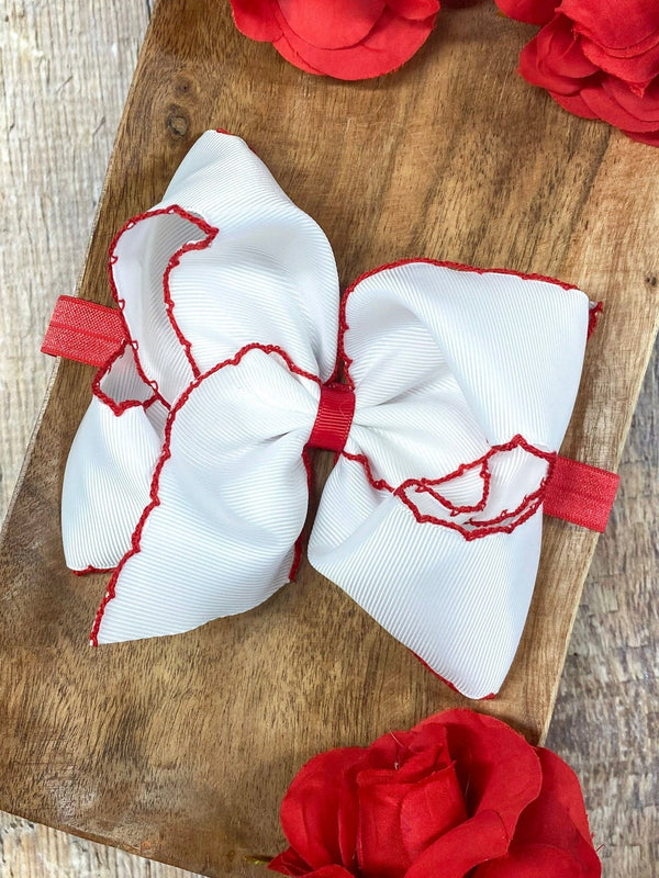 White with Red Moonstitch Bow Headband