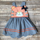 blue and orange tiger dress with scallop hem, ric rac and bow