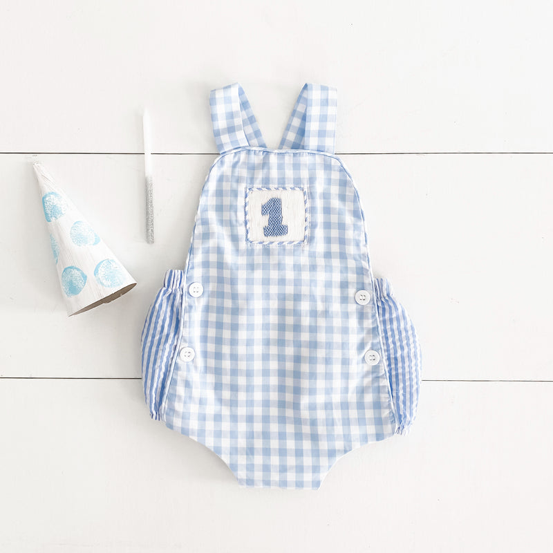 Smocked Blue First Birthday Bubble