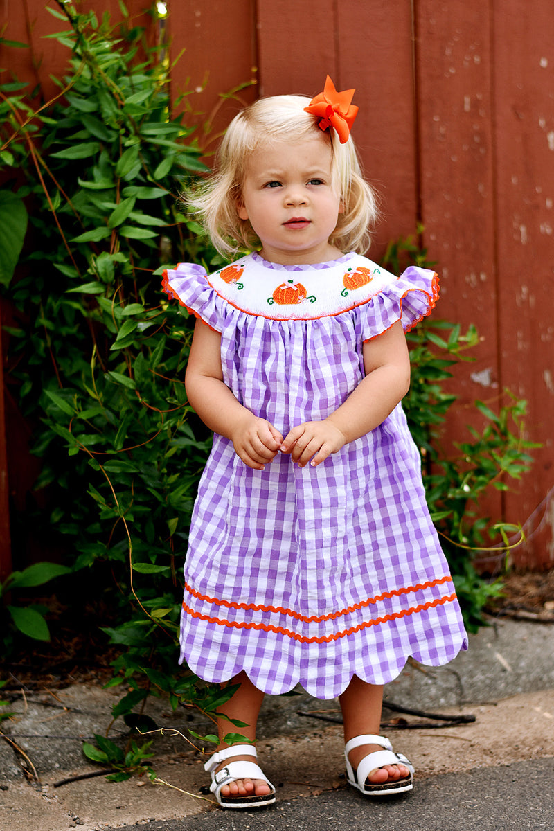 smocked pumpkin dress Green Gingham Bubble 3m smocked pumpkins meticulously embroidered across the chest Pumpkin Smocked Pink Gingham Bishop